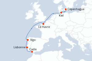 Carte itinéraire croisière Allemagne, Danemark, France, Espagne, Portugal - 8 jours au départ de Kiel - Méditerranée