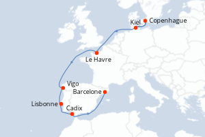 Carte itinéraire croisière Allemagne, Danemark, France, Espagne, Portugal - 10 jours au départ de Kiel - Méditerranée