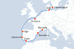 Carte itinéraire croisière Allemagne, Danemark, France, Espagne, Portugal - 11 jours au départ de Kiel - Méditerranée