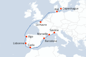 Carte itinéraire croisière Allemagne, Danemark, France, Espagne, Portugal, Italie - 12 jours au départ de Kiel - Méditerranée