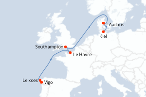 Carte itinéraire croisière Portugal, Espagne, France, Grande-Bretagne, Danemark, Allemagne - 8 jours au départ de Leixoes - Europe du Nord