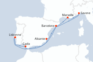 Carte itinéraire croisière Portugal, Espagne, France, Italie - 9 jours au départ de Lisbonne - Atlantique