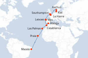 Carte itinéraire croisière Brésil, Canaries, Maroc, Espagne, Portugal, France, Grande-Bretagne, Danemark, Allemagne - 21 jours au départ de Maceio - Europe du Nord