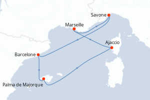 Carte itinéraire croisière France, Italie, Espagne, Baléares, Corse (France) - 6 jours au départ de Marseille - Méditerranée