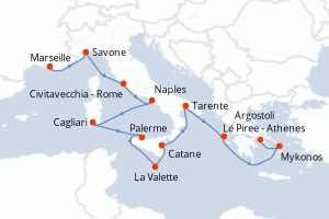 Carte itinéraire croisière France, Italie, Malte, Grèce - 11 jours au départ de Marseille - Méditerranée