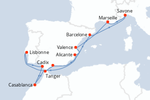 Carte itinéraire croisière France, Italie, Espagne, Portugal, Maroc - 12 jours au départ de Marseille - Méditerranée