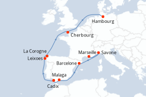 Carte itinéraire croisière France, Italie, Espagne, Portugal, Allemagne - 12 jours au départ de Marseille - Europe du Nord