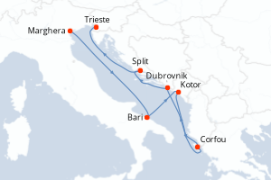 Carte itinéraire croisière Italie, Montenegro, Grèce, Croatie - 7 jours au départ de Marghera - Méditerranée