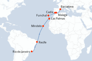 Carte itinéraire croisière Brésil, Cap Vert, Canaries, Madère, Espagne - 17 jours au départ de Rio de Janeiro - Transatlantique