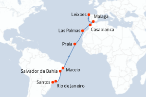 Carte itinéraire croisière Brésil, Canaries, Maroc, Espagne, Portugal - 18 jours au départ de Santos - Atlantique