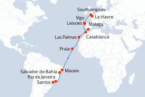 Carte itinéraire croisière Brésil, Canaries, Maroc, Espagne, Portugal, France, Grande-Bretagne - 22 jours au départ de Santos - Transatlantique