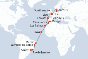 Carte itinéraire croisière Brésil, Canaries, Maroc, Espagne, Portugal, France, Grande-Bretagne, Danemark, Allemagne - 26 jours au départ de Santos - Europe du Nord