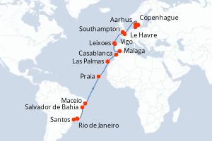 Carte itinéraire croisière Brésil, Canaries, Maroc, Espagne, Portugal, France, Grande-Bretagne, Danemark, Allemagne - 27 jours au départ de Santos - Transatlantique