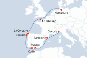 Carte itinéraire croisière Italie, Espagne, Portugal, France, Allemagne - 11 jours au départ de Savone - Europe du Nord