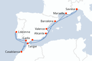 Carte itinéraire croisière Italie, Espagne, Portugal, Maroc, France - 12 jours au départ de Savone - Méditerranée