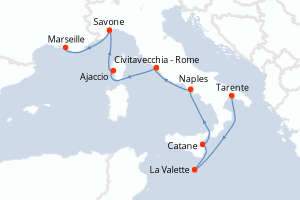 Carte itinéraire croisière Malte, Italie, Corse (France), France - 8 jours au départ de Tarente - Méditerranée