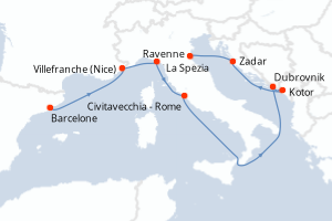 Carte itinéraire croisière Espagne, France, Italie, Croatie, Monténégro - 9 jours au départ de Barcelone - Méditerranée