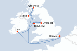 Carte itinéraire croisière Irlande, Royaume-Uni - 9 jours au départ de Douvres - Europe du Nord