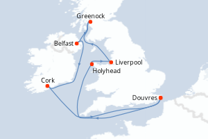 Carte itinéraire croisière Royaume-Uni, Irlande - 9 jours au départ de Douvres - Europe du Nord