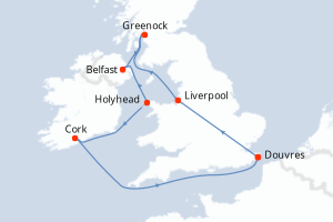 Carte itinéraire croisière Royaume-Uni, Irlande - 9 jours au départ de Douvres - Europe du Nord