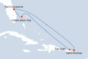Carte itinéraire croisière États-Unis, Porto Rico, Bahamas - 7 jours au départ de Port Canaveral - Caraïbes Bahamas