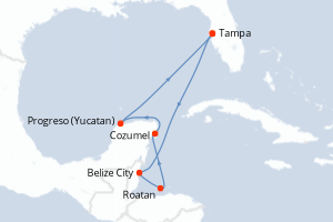 Carte itinéraire croisière États-Unis, Belize, Honduras, Mexique - 7 jours au départ de Tampa - Caraïbes Mexique