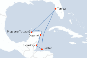 Carte itinéraire croisière États-Unis, Honduras, Belize, Mexique - 7 jours au départ de Tampa - Caraïbes Mexique