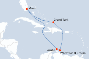 Carte itinéraire croisière Pays-Bas, États-Unis - 8 jours au départ de Miami - Caraïbes Bahamas