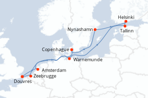 Carte itinéraire croisière Royaume-Uni, Pays-Bas, Allemagne, Estonie, Finlande, Suède, Danemark, Belgique - 12 jours au départ de Douvres - Europe du Nord