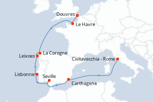 Carte itinéraire croisière Royaume-Uni, France, Espagne, Portugal, Italie - 9 jours au départ de Douvres - Méditerranée