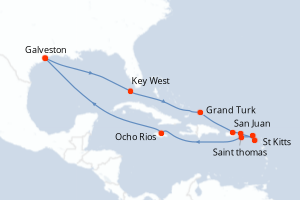 Carte itinéraire croisière États-Unis, Porto Rico, Antigua-et-Barbuda, Pays-Bas, Jamaïque - 14 jours au départ de Galveston - Caraïbes Mexique