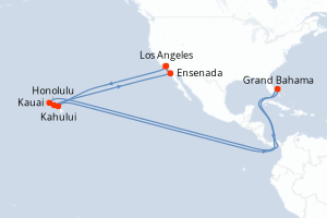 Carte itinéraire croisière États-Unis, Bahamas, Mexique - 14 jours au départ de Los Angeles - Amérique du Nord