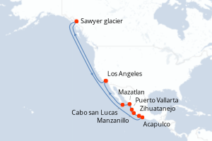 Carte itinéraire croisière États-Unis, Mexique - 14 jours au départ de Los Angeles - Amérique du Nord