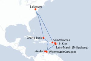 Carte itinéraire croisière Pays-Bas, Antigua-et-Barbuda, États-Unis - 14 jours au départ de Baltimore - Amérique du Nord