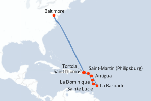 Carte itinéraire croisière États-Unis, Pays-Bas, Dominique, Sainte-Lucie, Barbade, Antigua-et-Barbuda, Royaume-Uni - 14 jours au départ de Baltimore - Amérique du Nord
