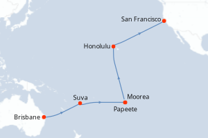 Carte itinéraire croisière Australie, Fidji (Îles), France, États-Unis - 22 jours au départ de Brisbane - Amérique du Nord