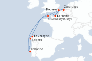 Carte itinéraire croisière Royaume-Uni, Portugal, Espagne, France, Belgique - 11 jours au départ de Douvres - Europe du Nord