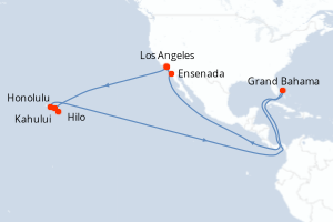 Carte itinéraire croisière États-Unis, Bahamas, Mexique - 14 jours au départ de Los Angeles - Amérique du Nord