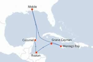 Carte itinéraire croisière États-Unis, Mexique, Honduras, Caïmans (Îles), Jamaïque - 9 jours au départ de Mobile - Caraïbes Mexique