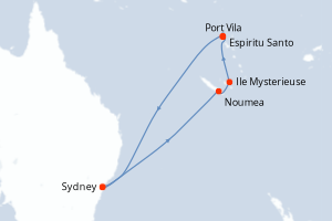 Carte itinéraire croisière Australie, Nouvelle-Calédonie, Vanuatu - 10 jours au départ de Sydney - Australie Nouvelle Zélande