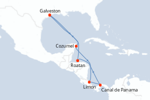 Carte itinéraire croisière États-Unis, Mexique, Costa Rica, Panama, Honduras - 10 jours au départ de Galveston - Caraïbes Mexique