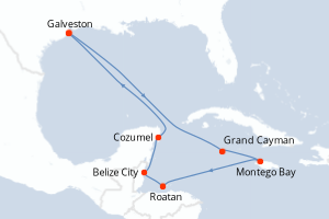 Carte itinéraire croisière États-Unis, Caïmans (Îles), Jamaïque, Honduras, Belize, Mexique - 10 jours au départ de Galveston - Caraïbes Mexique