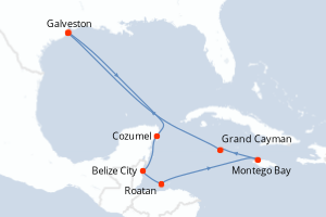 Carte itinéraire croisière États-Unis, Mexique, Belize, Honduras, Jamaïque, Caïmans (Îles) - 10 jours au départ de Galveston - Caraïbes Mexique