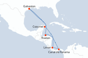 Carte itinéraire croisière États-Unis, Honduras, Panama, Costa Rica, Mexique - 10 jours au départ de Galveston - Caraïbes Mexique