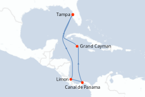 Carte itinéraire croisière États-Unis, Costa Rica, Panama, Caïmans (Îles) - 8 jours au départ de Tampa - Caraïbes Mexique