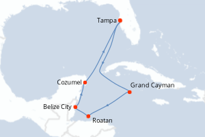 Carte itinéraire croisière États-Unis, Caïmans (Îles), Honduras, Belize, Mexique - 8 jours au départ de Tampa - Caraïbes Mexique