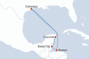 Carte itinéraire croisière États-Unis, Mexique, Belize, Honduras - 7 jours au départ de Galveston - Caraïbes Mexique