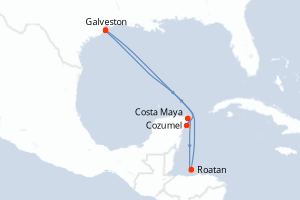 Carte itinéraire croisière États-Unis, Mexique, Honduras - 7 jours au départ de Galveston - Caraïbes Mexique