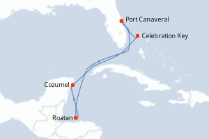 Carte itinéraire croisière États-Unis, Honduras, Mexique, Bahamas - 7 jours au départ de Port Canaveral - Caraïbes Bahamas