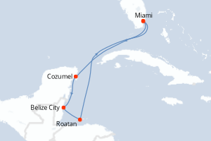 Carte itinéraire croisière États-Unis, Mexique, Belize, Honduras - 7 jours au départ de Miami - Caraïbes Bahamas